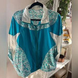 VINTAGE 80s Mervyns Geometric Colorblock Blue & White Windbreaker Size Medium